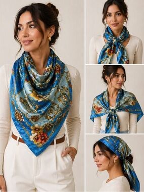 Worthington Blue Chain Floral Print Scarf Square Vintage Style